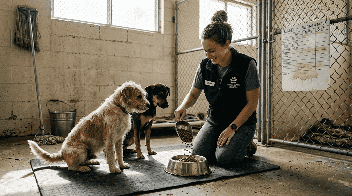 Shelter worker feeding dogs premium food