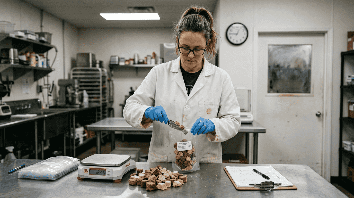 Technician freeze-drying dog food in lab kitchen
