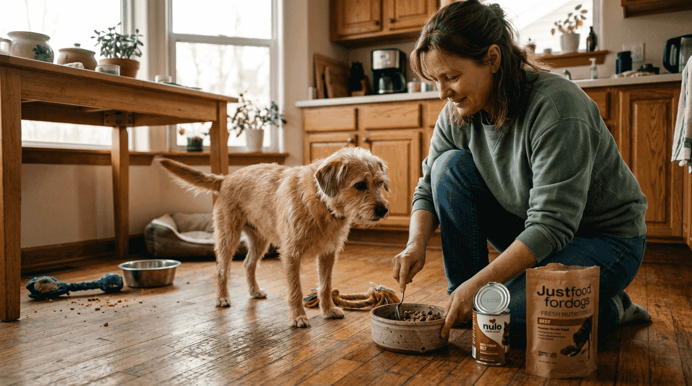 Woman serving fresh wet dog food to dog