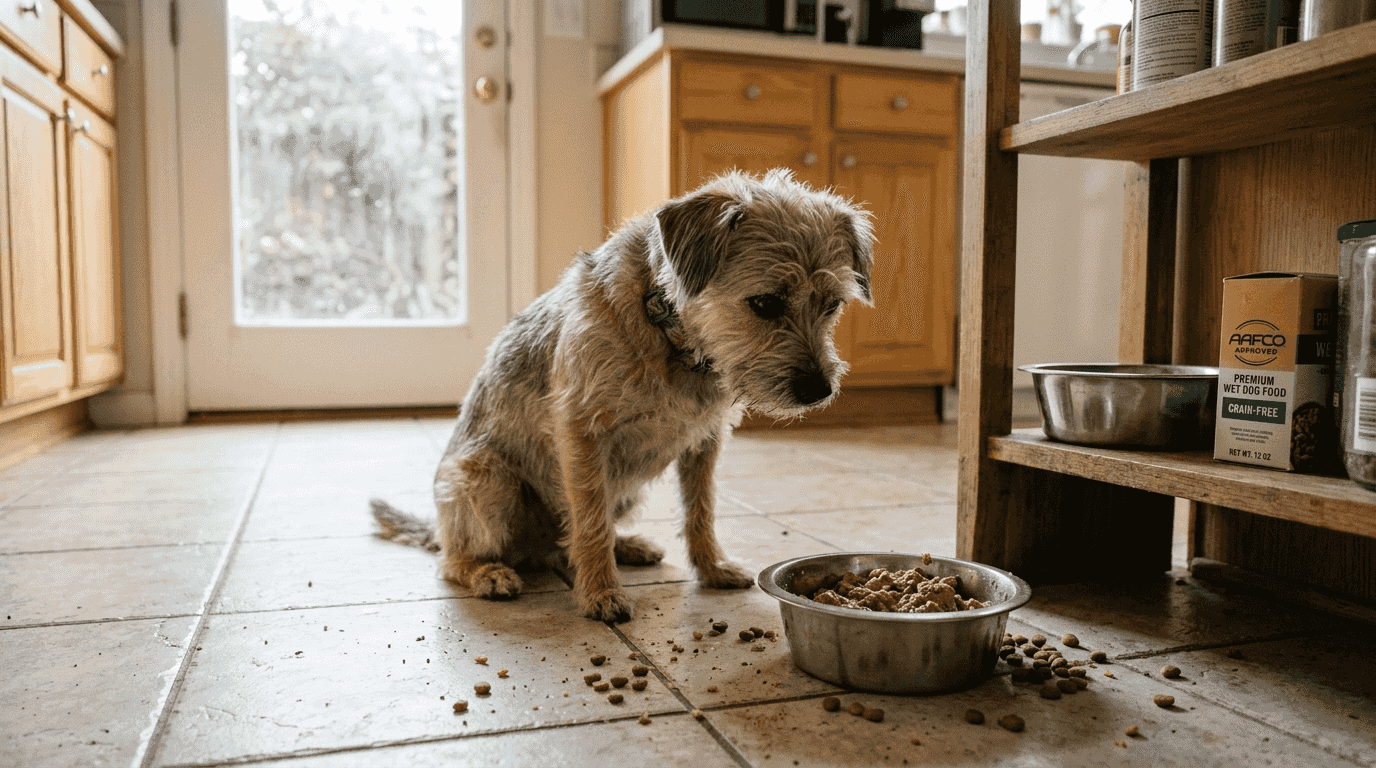 Terrier sniffing bowl of wet dog food