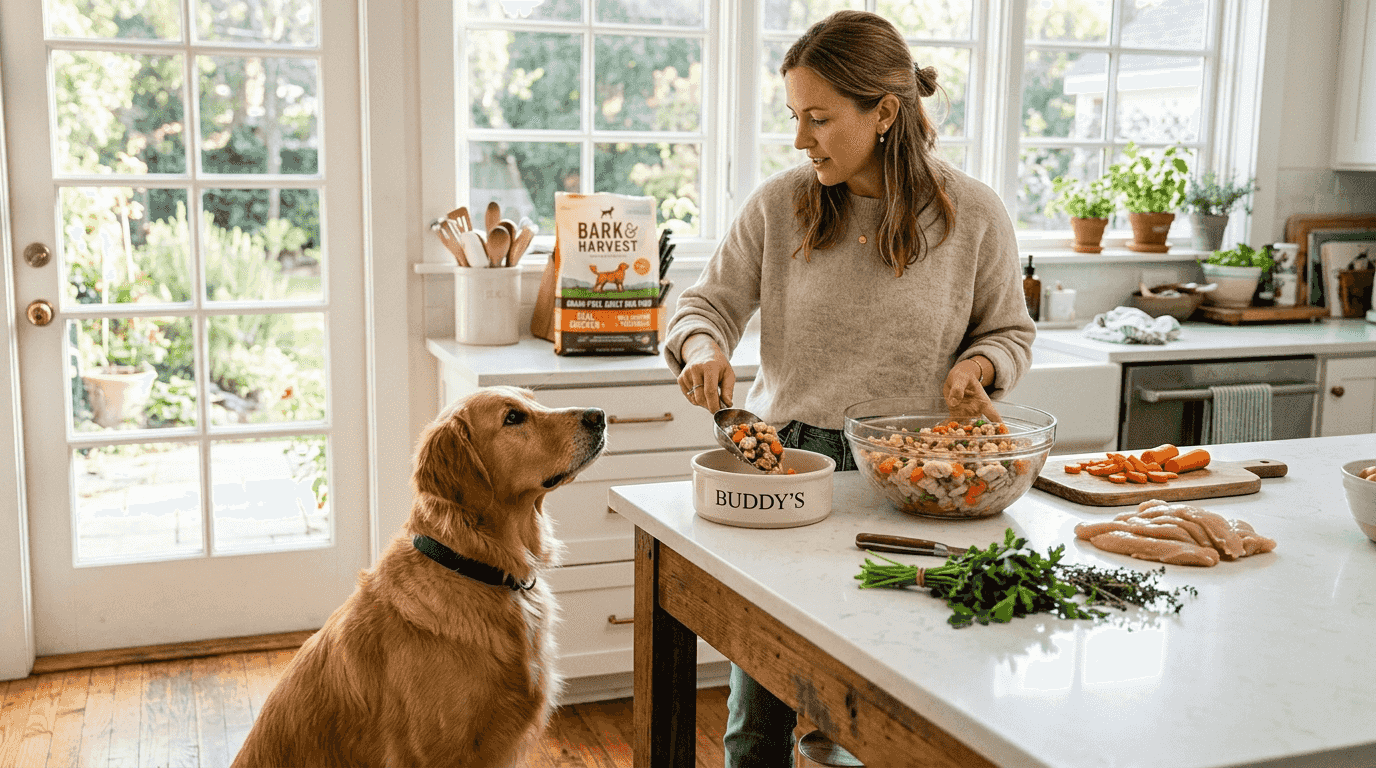 Dog watches owner serve fresh pet food