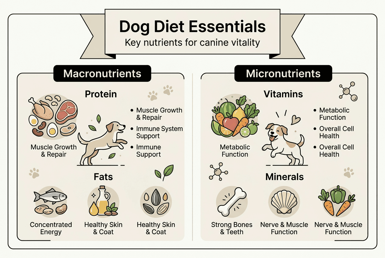 Infographic summarizing key dog diet nutrients