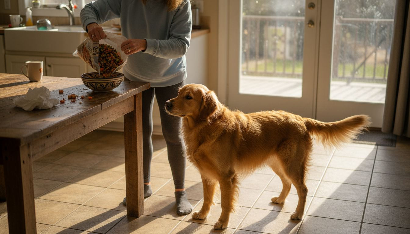 Dog waiting for healthy meal in bright kitchen