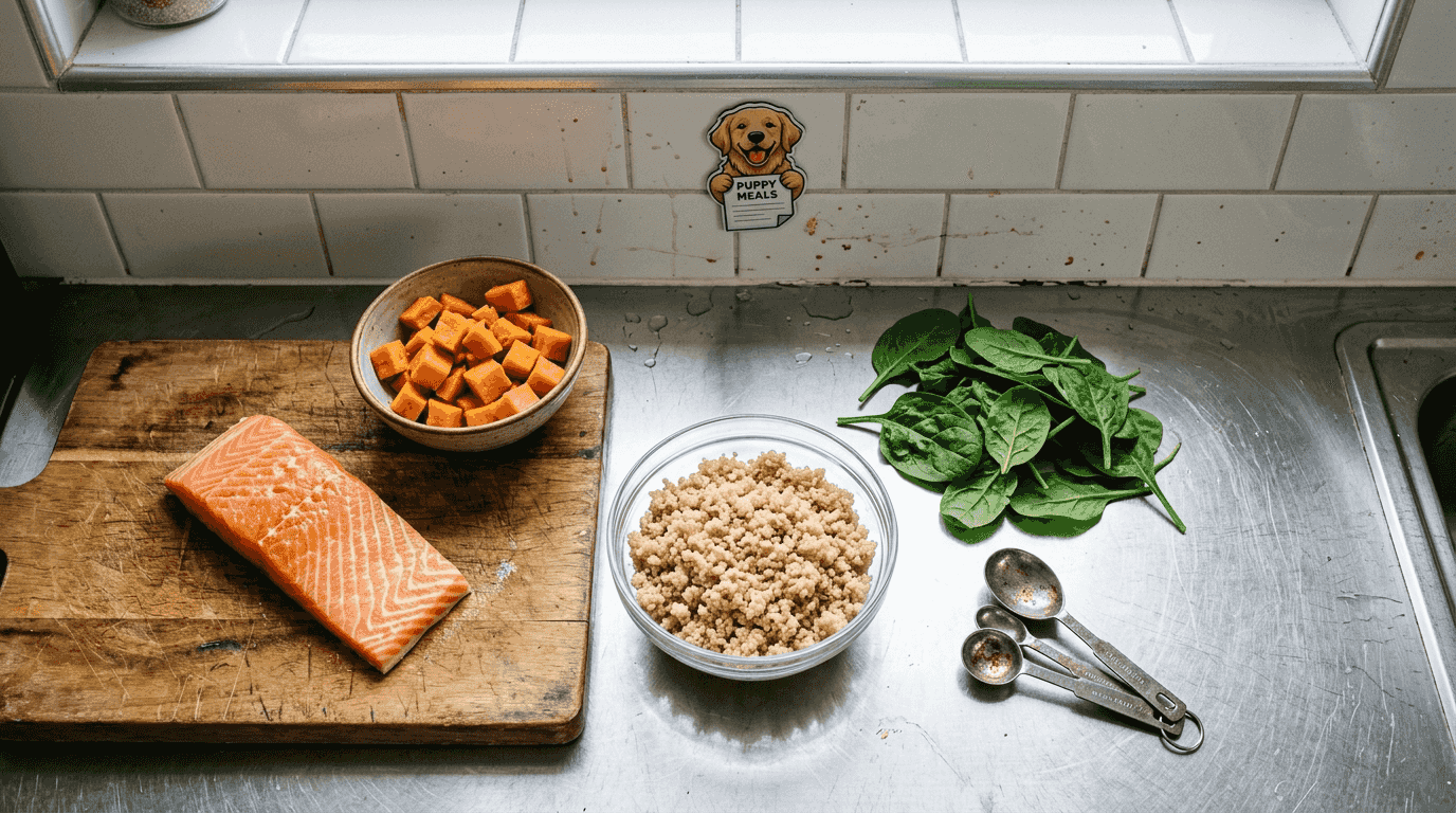 Dog food ingredients on kitchen counter overhead