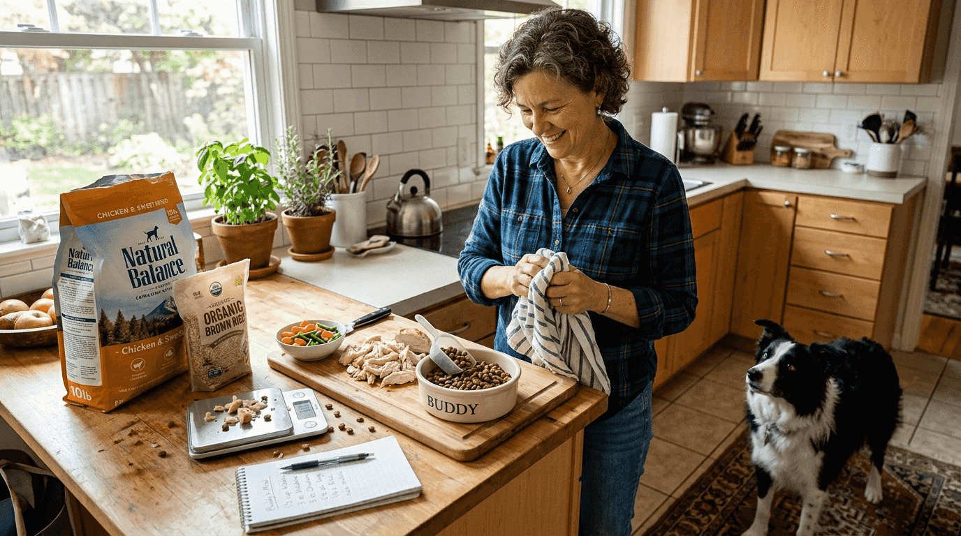 Woman preparing balanced dog meal in kitchen