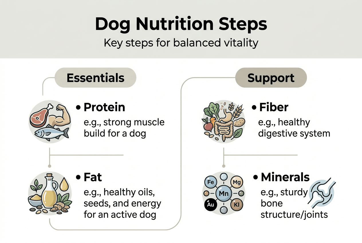 Infographic summarizing dog nutrition steps for health