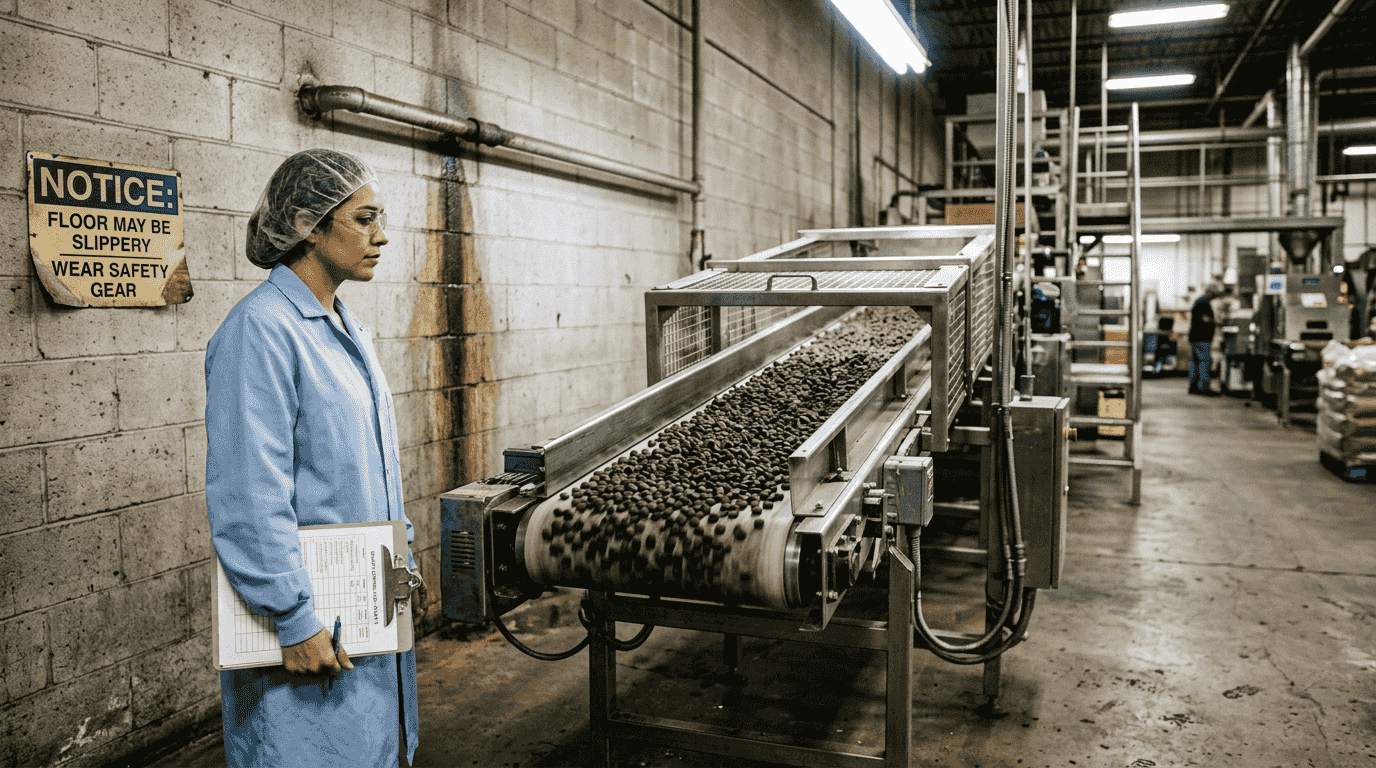 Technician inspecting dog food processing factory