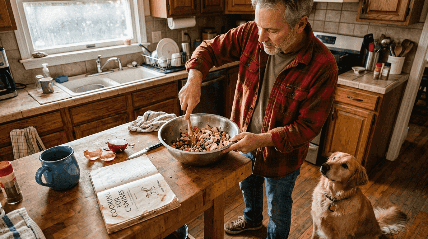 Owner preparing fresh dog food in home kitchen