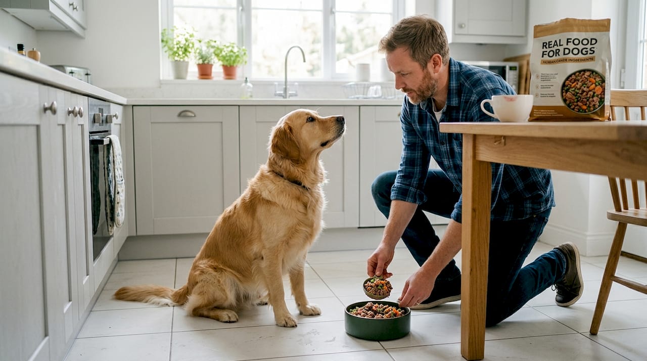 Dog waits for fresh human-grade pet food