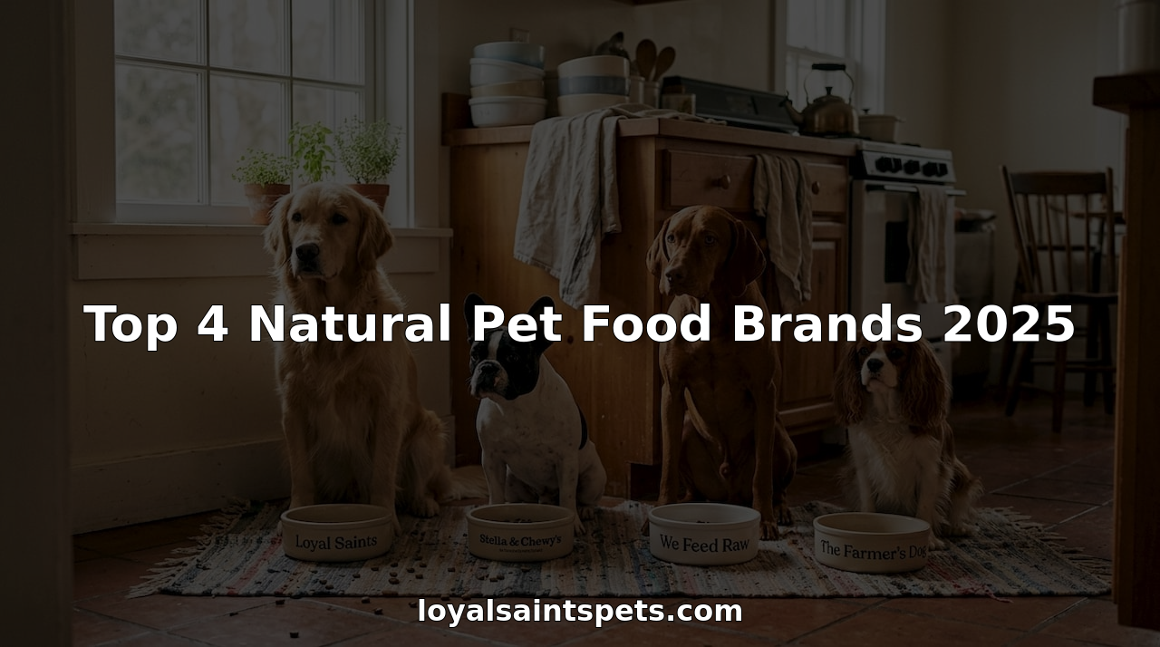 Four dogs with natural food brands in kitchen
