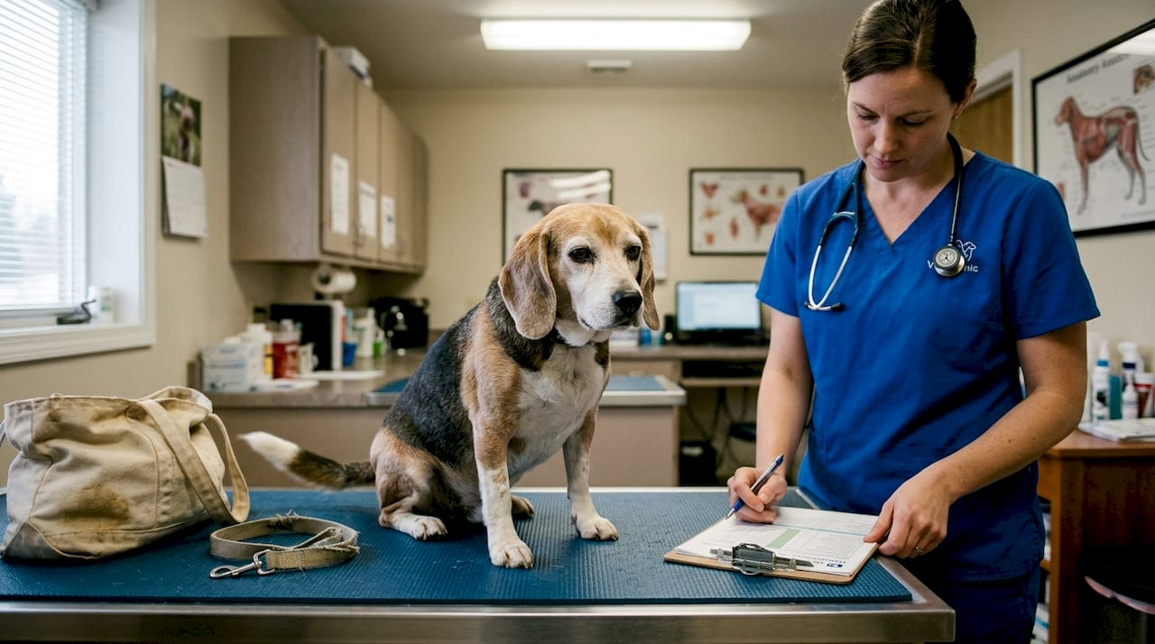 Senior dog at vet checkup for health support