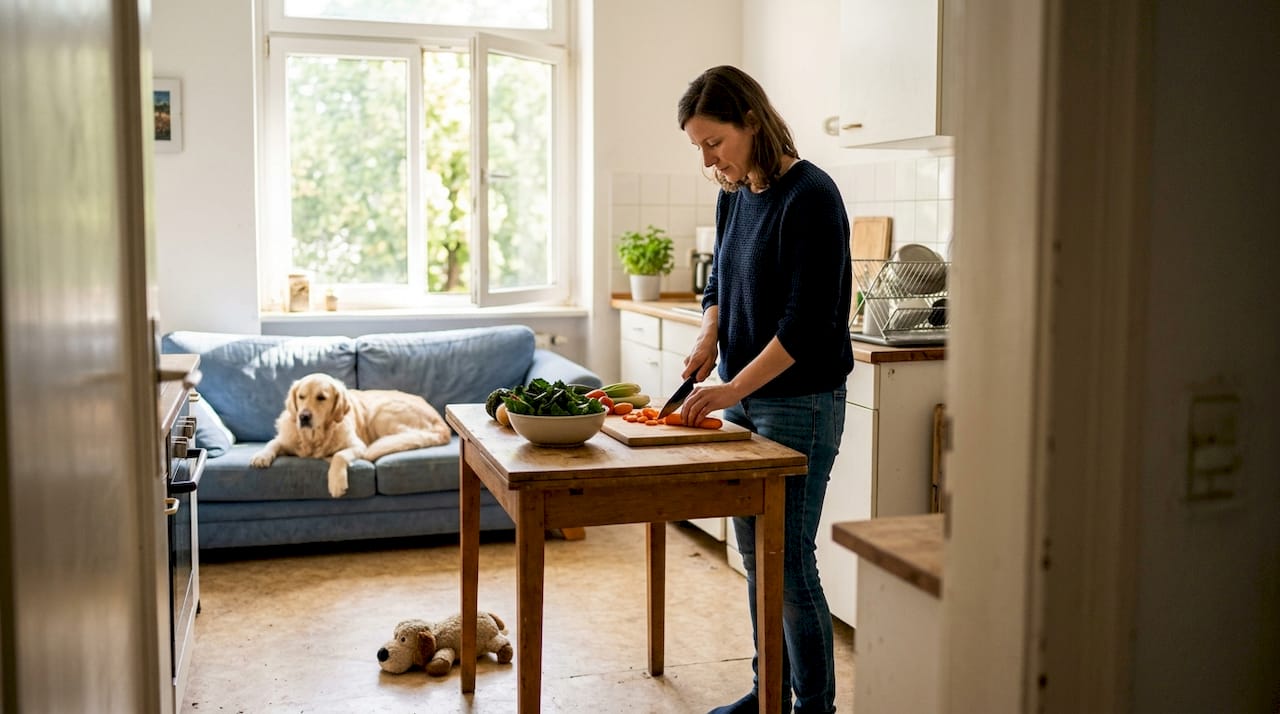 Dog owner preparing fresh food in home kitchen