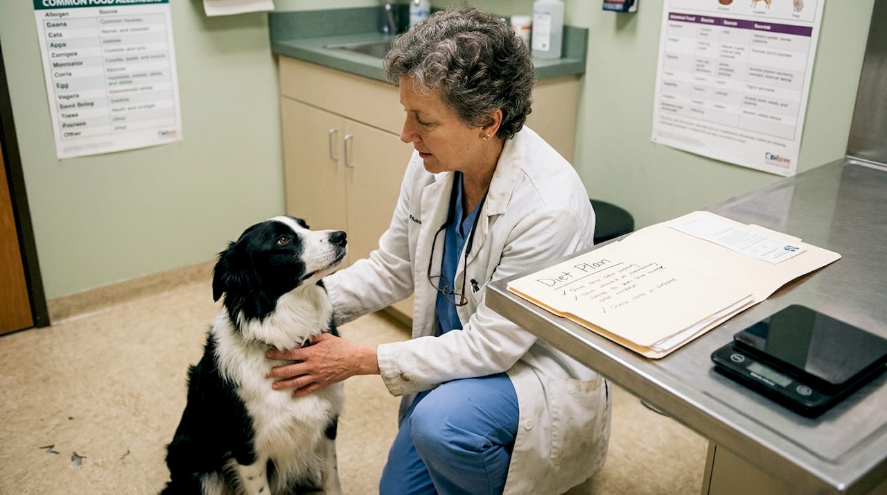Vet examines dog for allergy symptoms