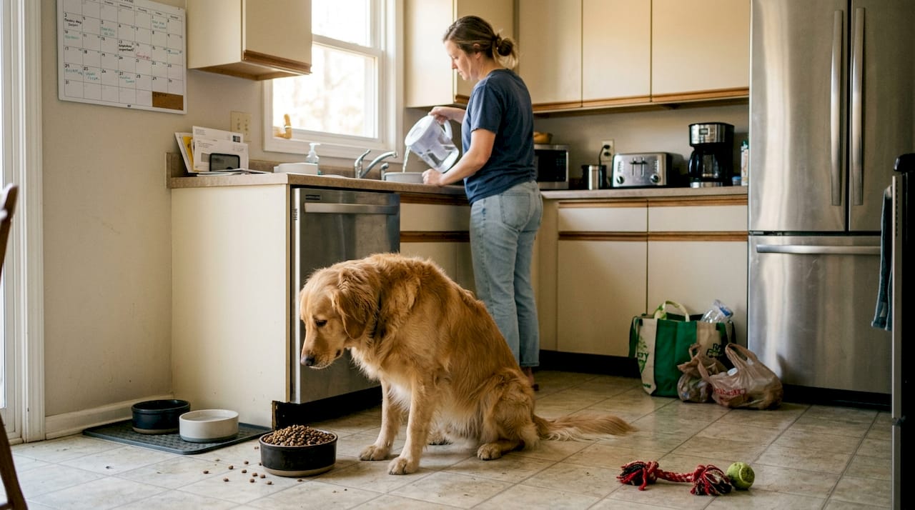 Dog sniffing bowl in bright kitchen