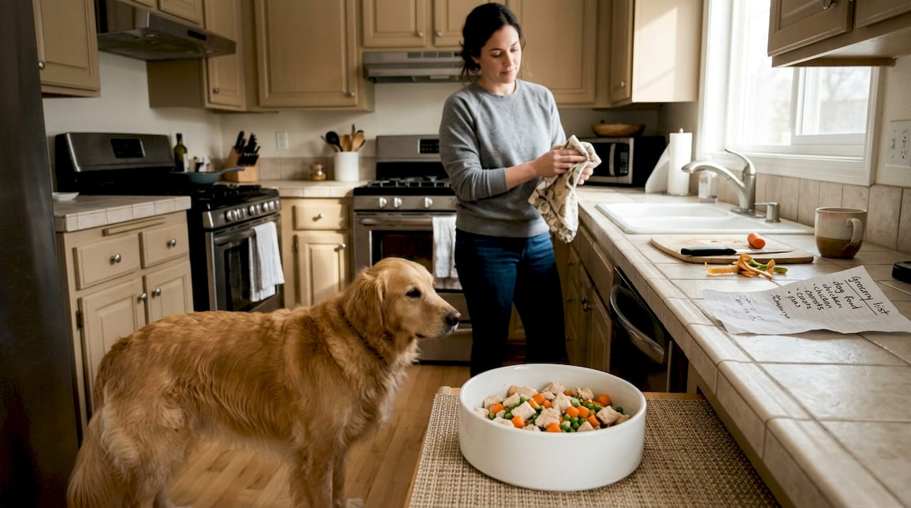 Dog eating whole ingredient food in bright kitchen