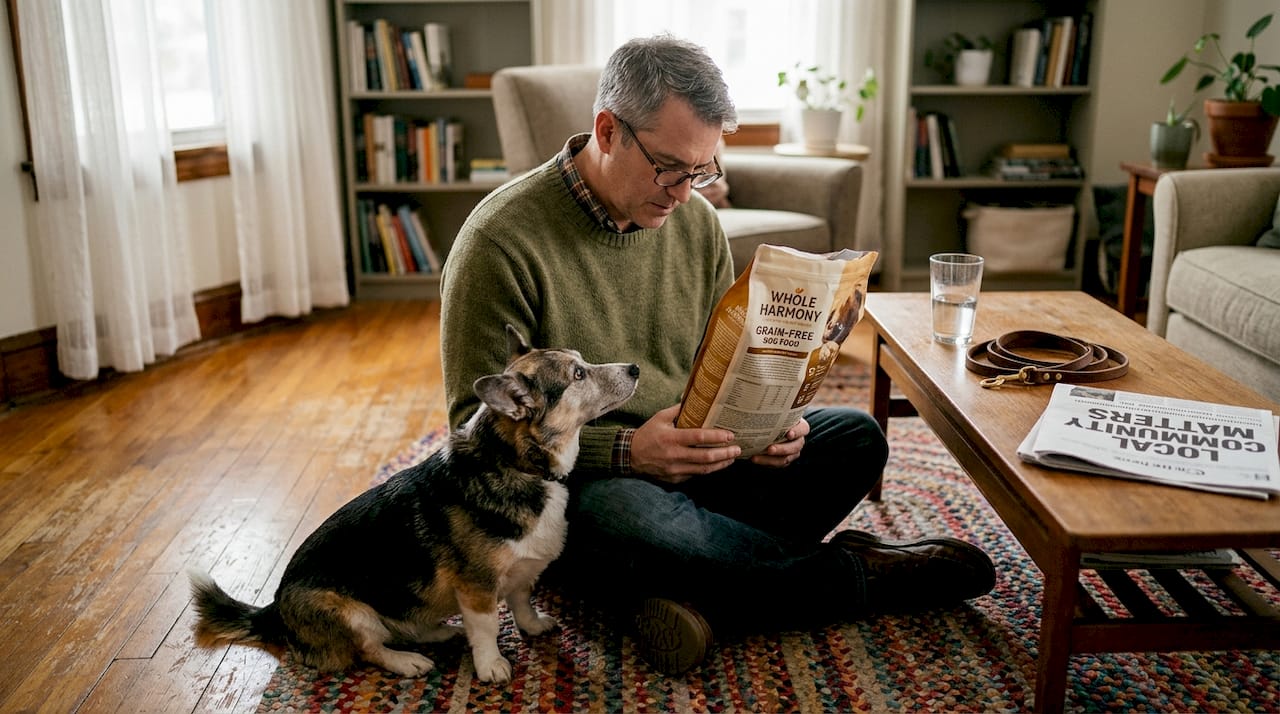 Owner reads pet food label with senior dog