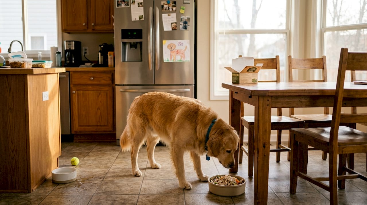 Dog eating fresh food in sunlit kitchen