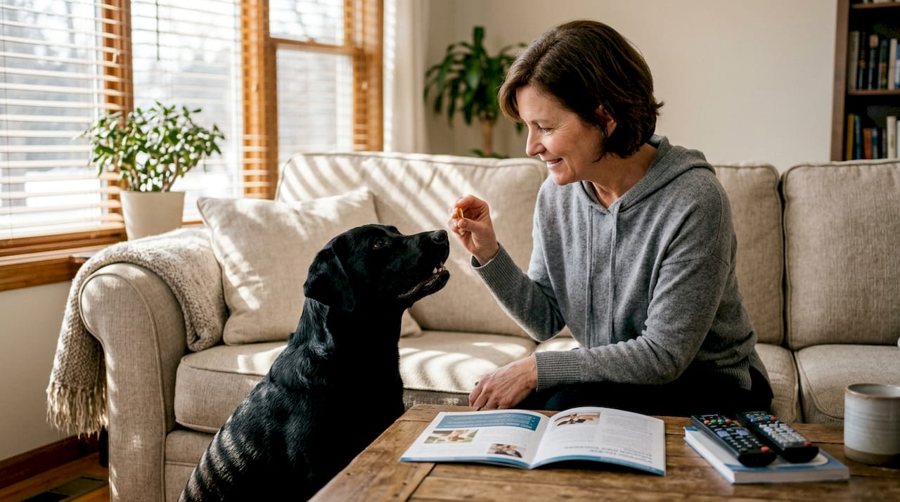Owner giving fish oil to attentive dog