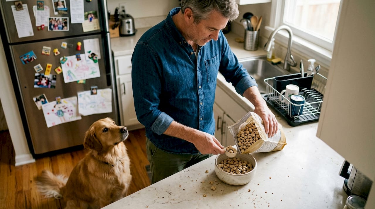 Man preparing freeze dried dog food in kitchen