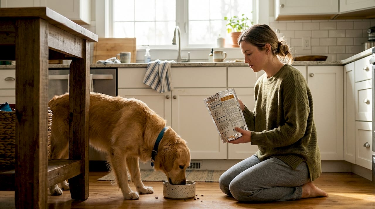 Dog eats healthy meal in home kitchen