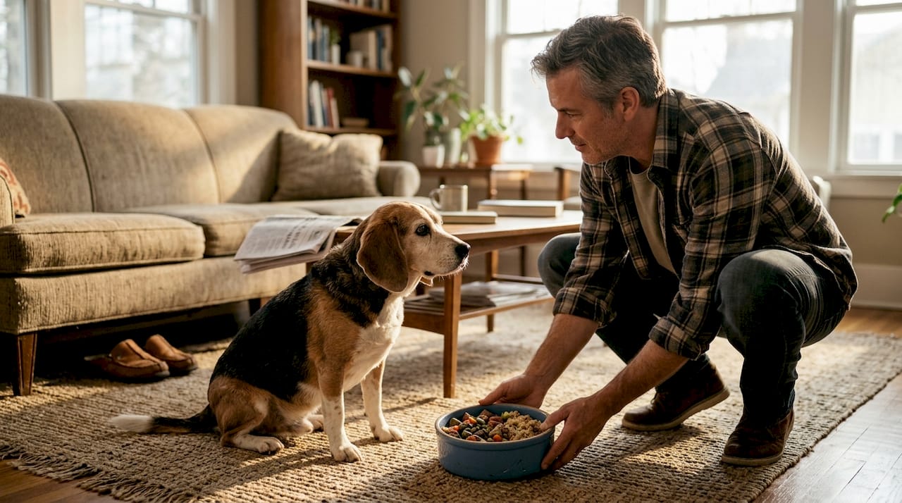 Beagle receiving nutritious fresh meal