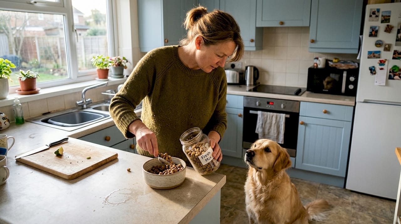 Owner preparing minimally processed dog food