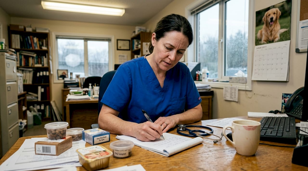 Veterinarian evaluates hypoallergenic dog food samples