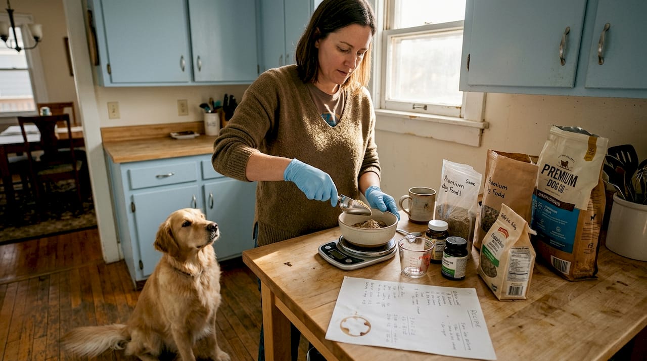Woman preparing hypoallergenic dog food at home