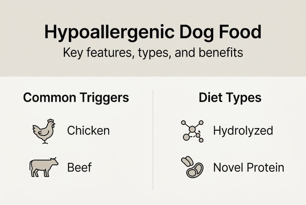 Infographic with dog food allergy triggers and types