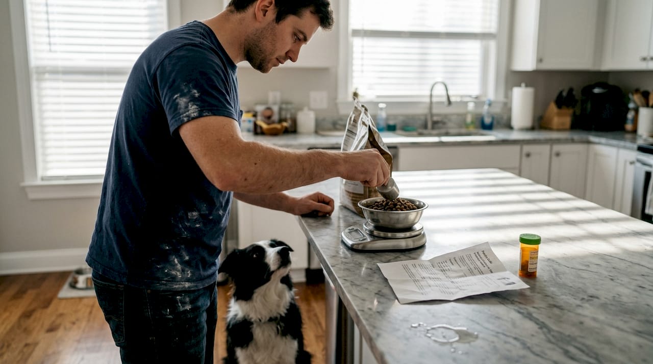 Dog owner preparing elimination diet in kitchen