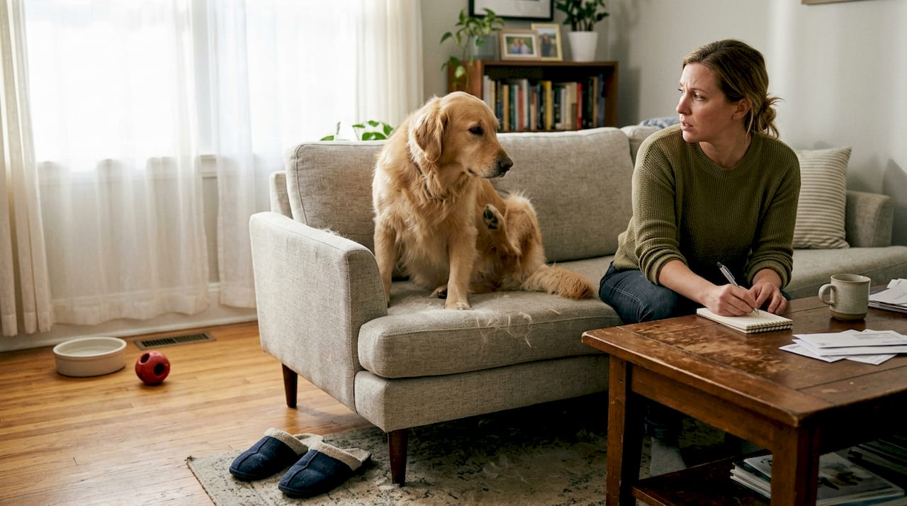 Dog showing allergy symptoms with owner observing