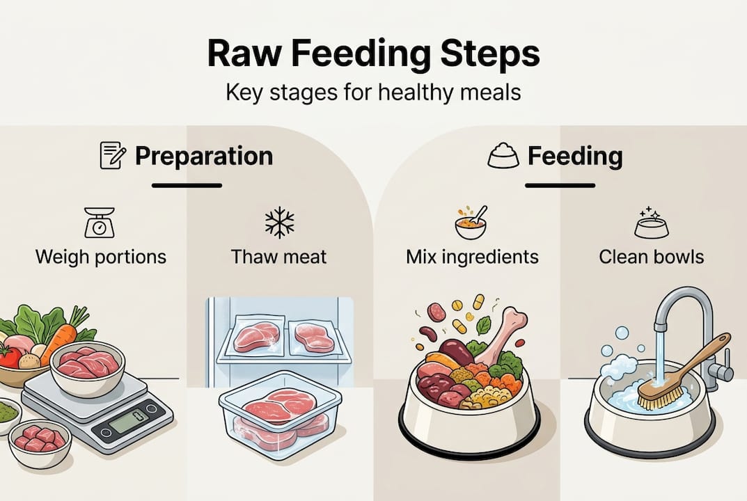 Infographic summarizing raw feeding steps for dogs