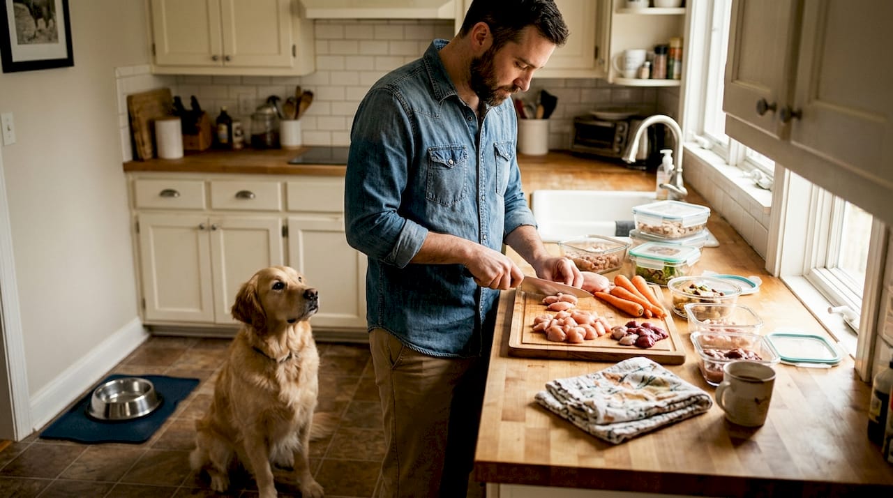 Owner preparing raw food for dog in kitchen