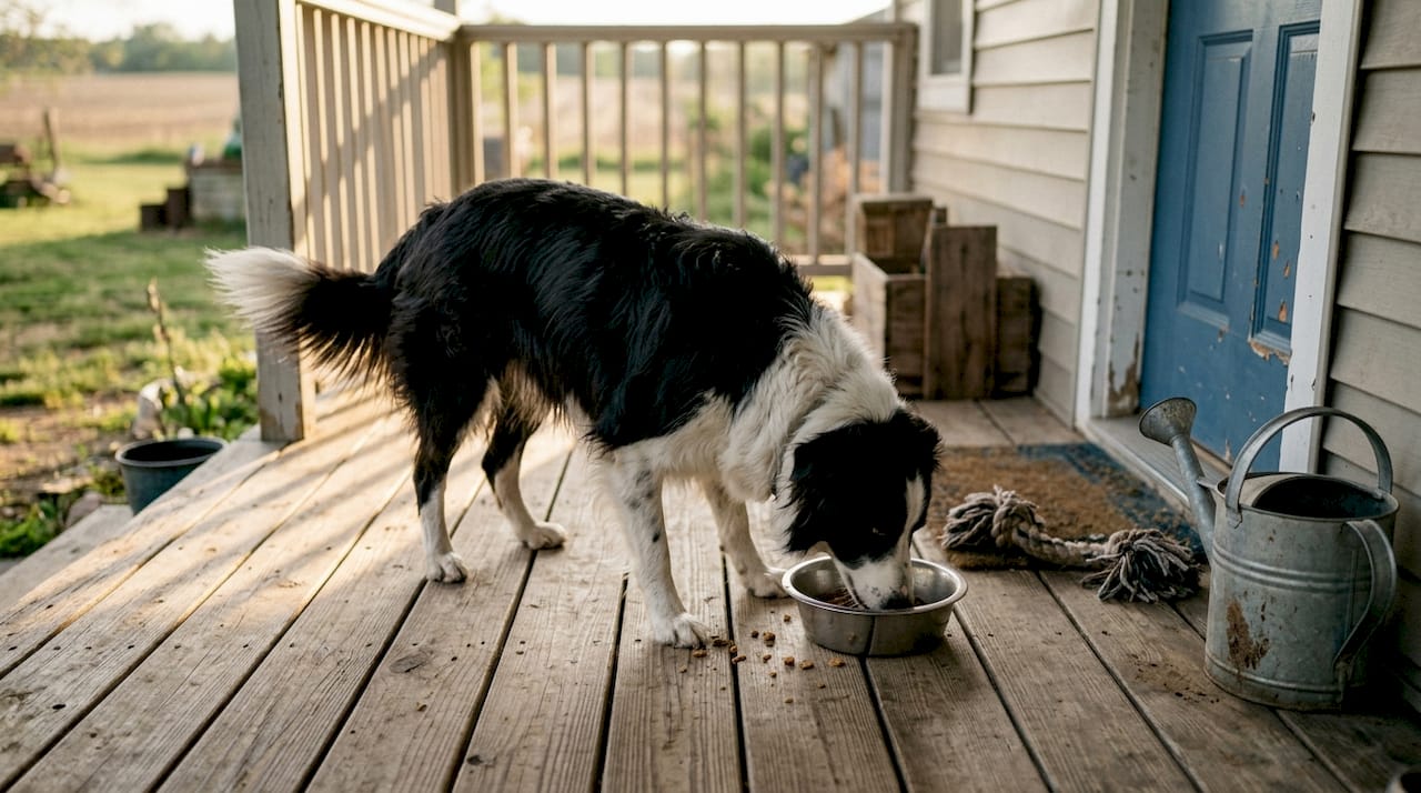 Dog eating freeze-dried meal on country porch