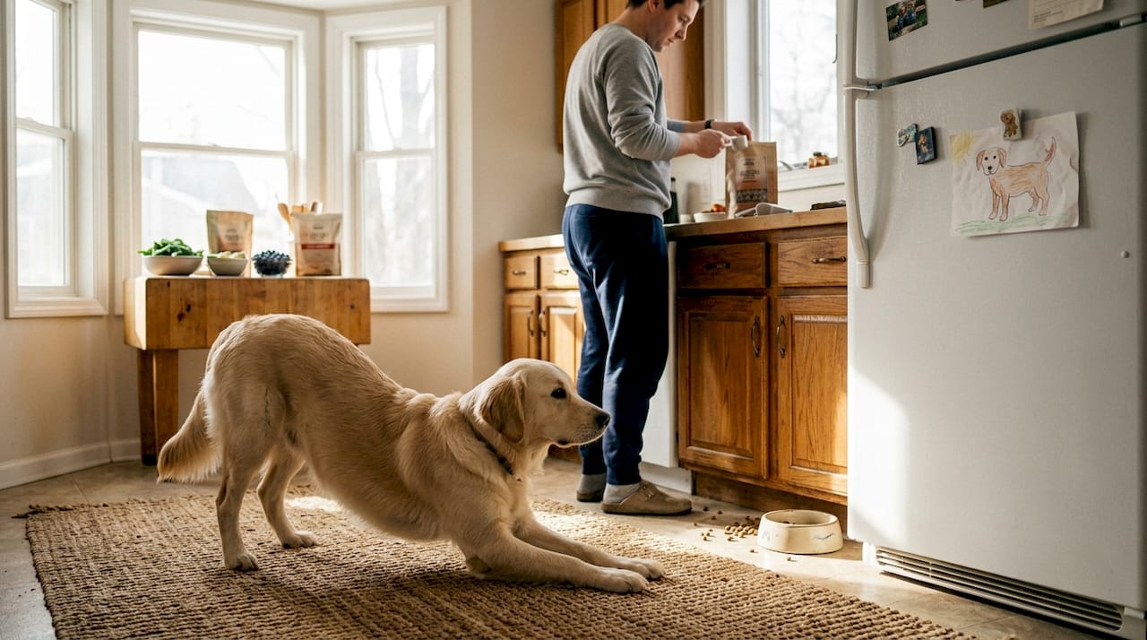 Owner prepares freeze-dried dog food in sunlit kitchen