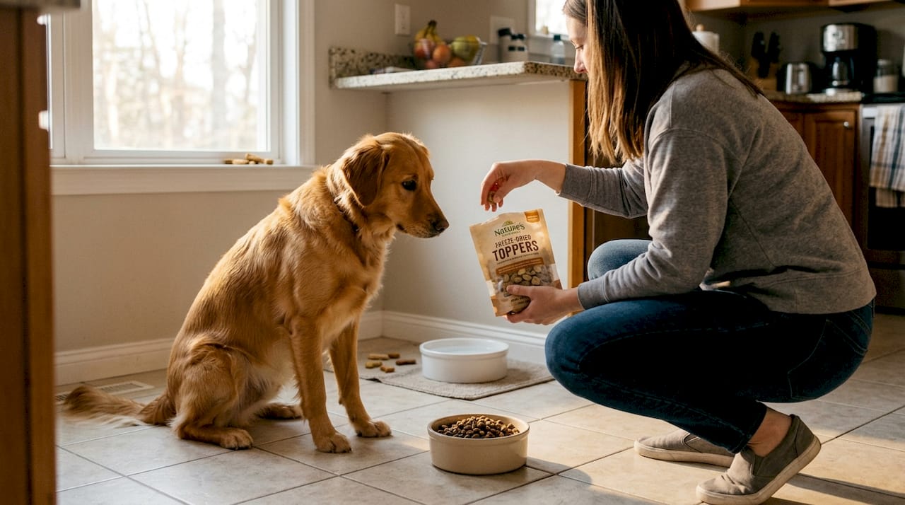 Dog receiving freeze-dried food in home kitchen