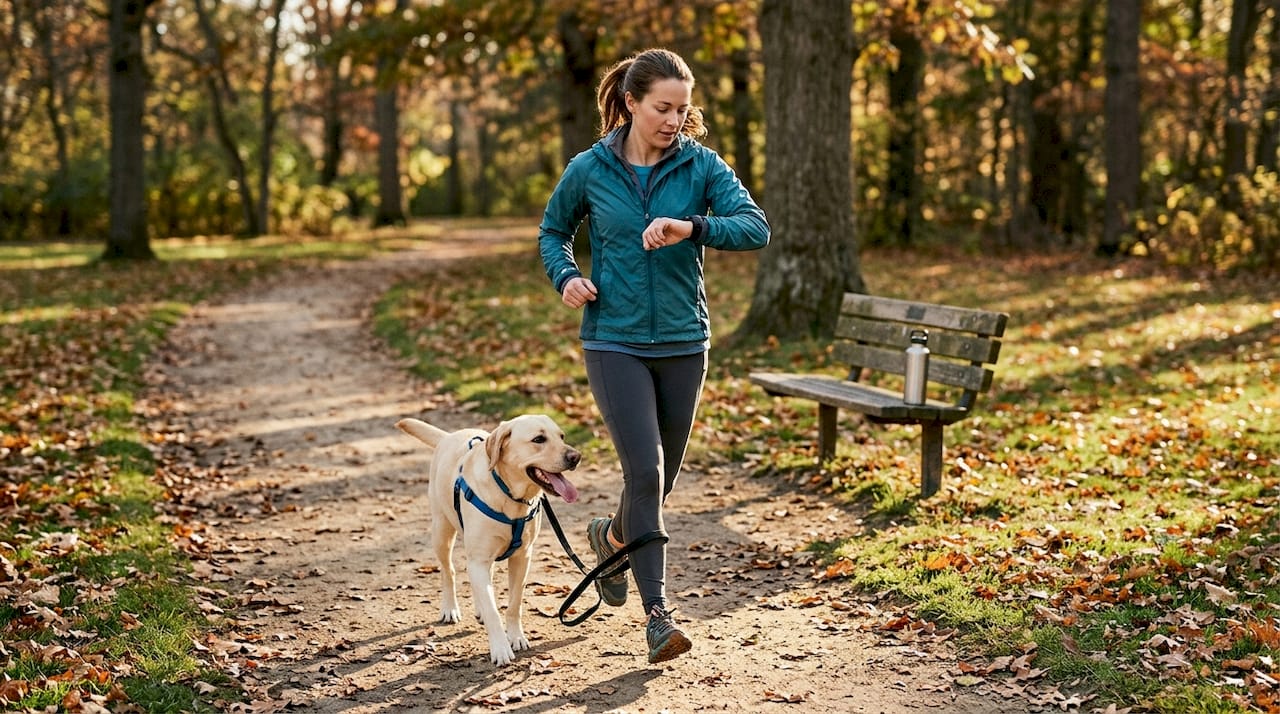 Dog and owner jogging in sunlit park