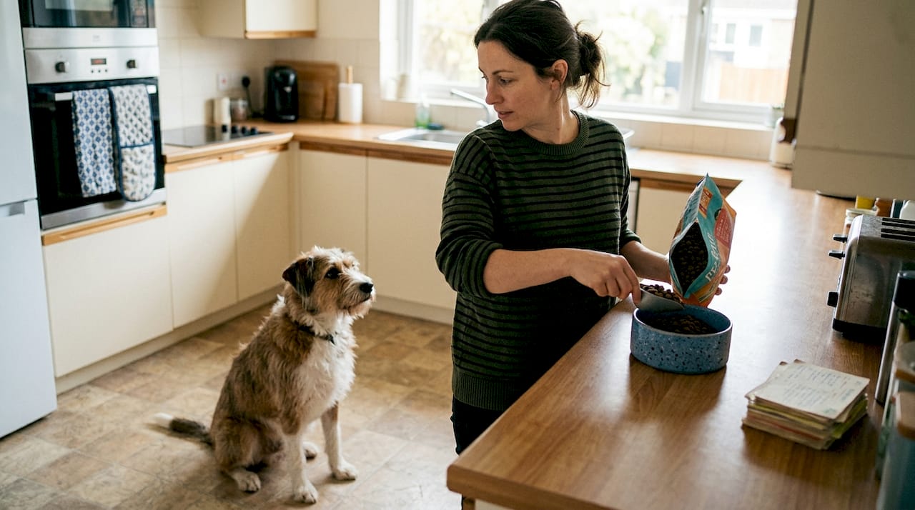 Dog watches owner prepare healthy meal