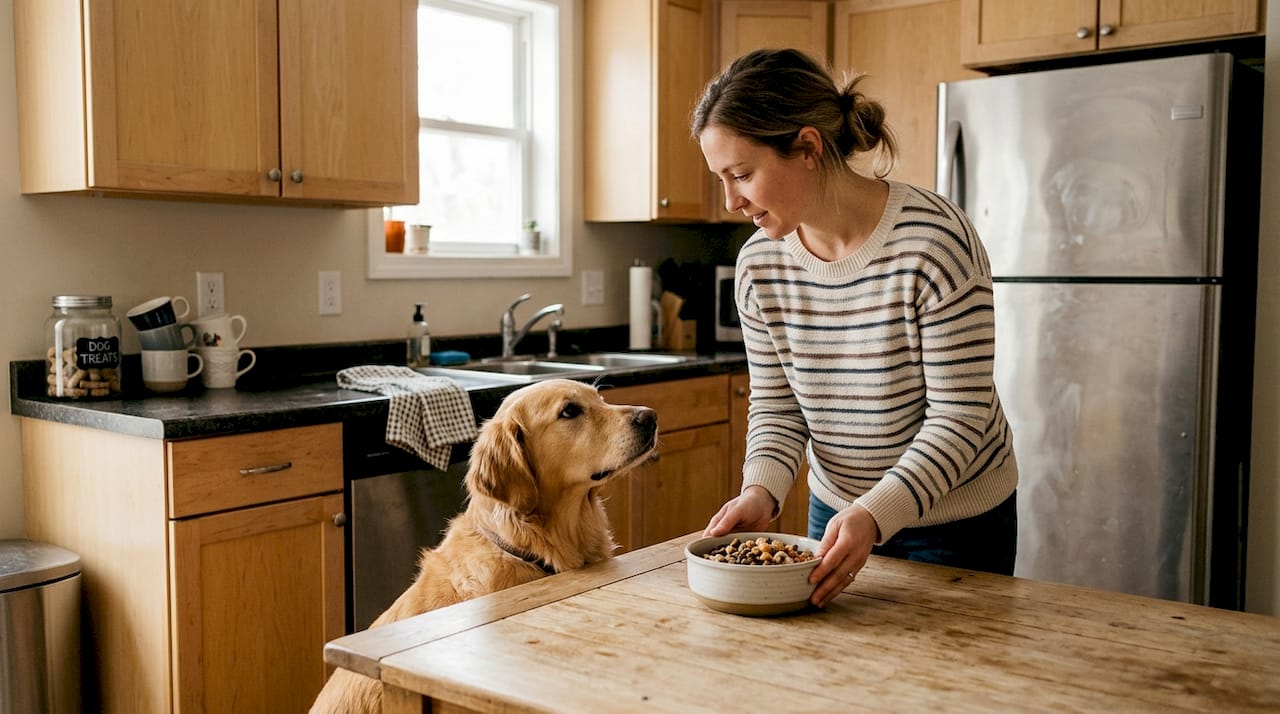 Dog waiting for fresh meal in kitchen