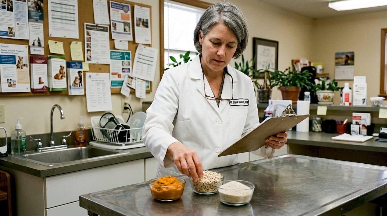 Vet displaying fiber ingredients for dogs