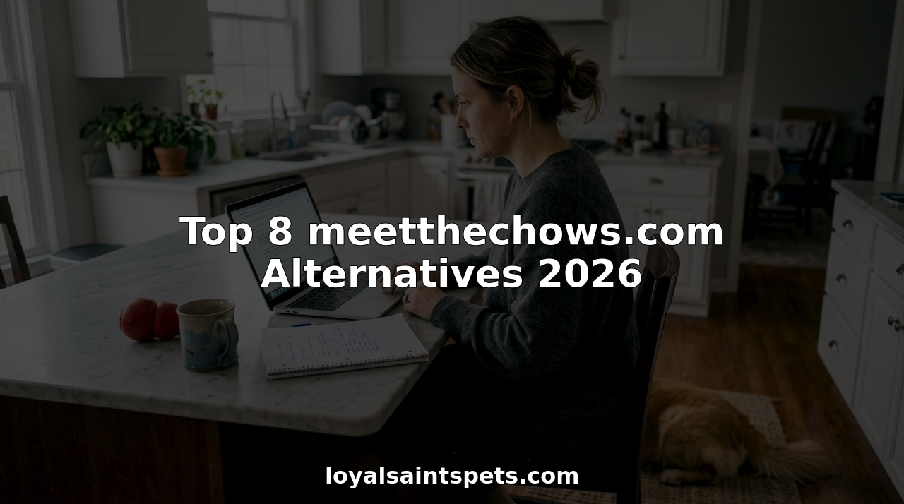 Woman comparing pet care websites at kitchen island