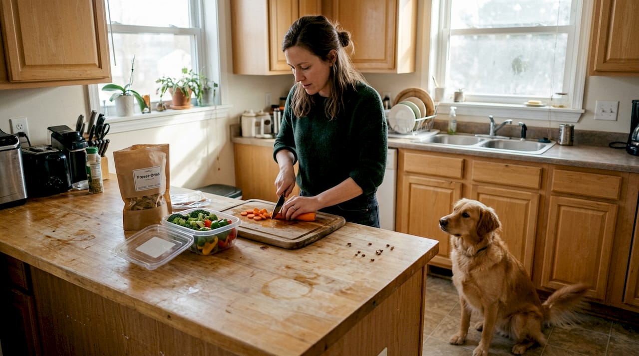 Dog owner preparing fresh food in kitchen