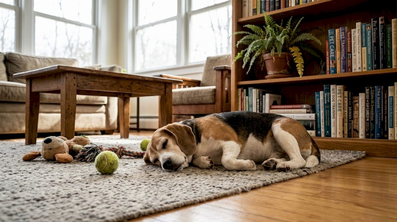 Healthy beagle dog resting in sunny room