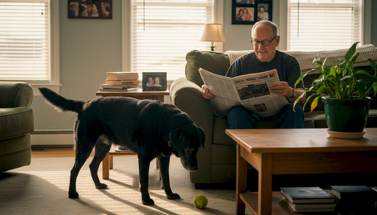 Labrador dog brings ball in family room