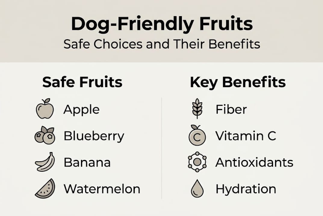 Infographic showing safe fruits and benefits for dogs