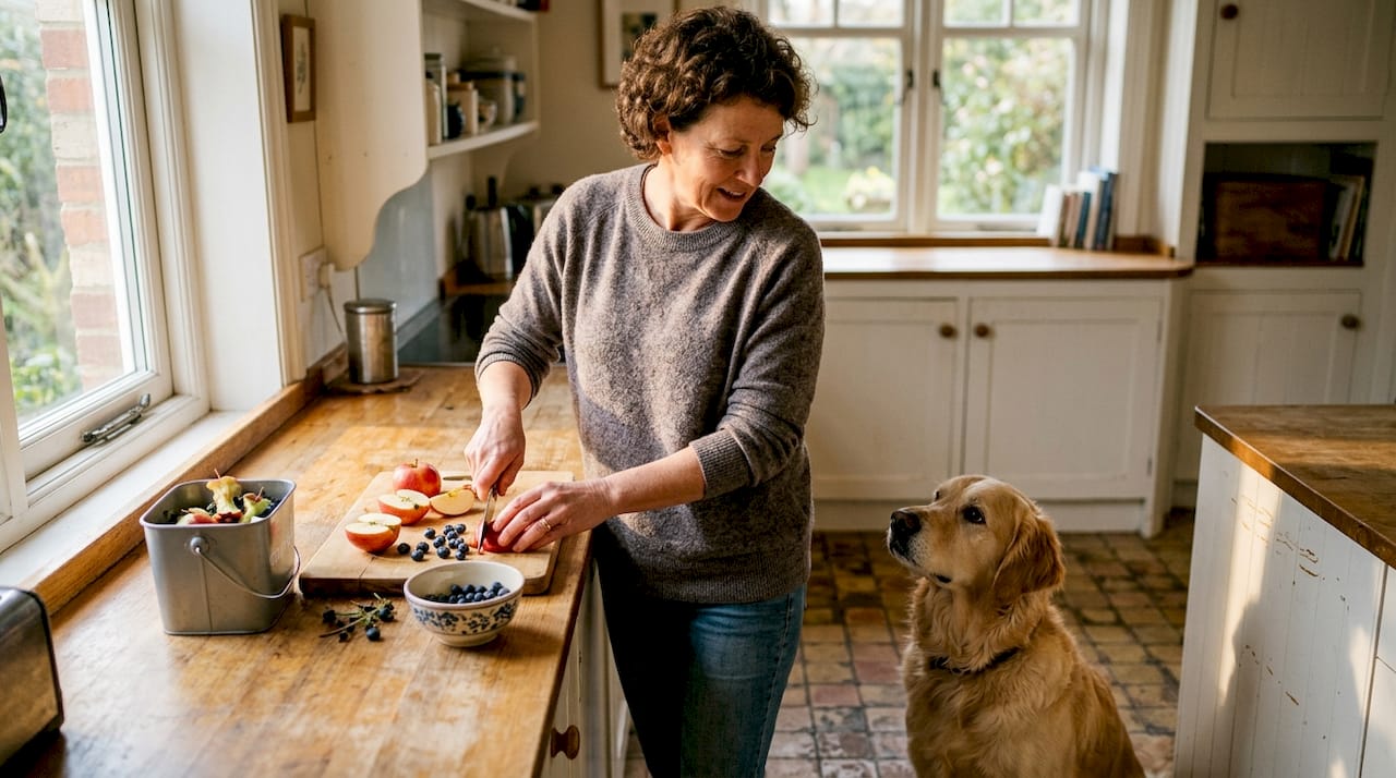 Dog waiting as fruit prepared in kitchen