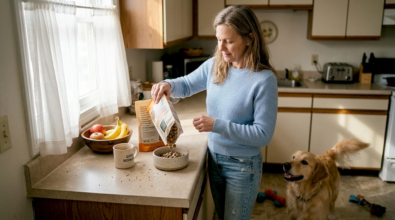 Pet owner preparing dog food in kitchen