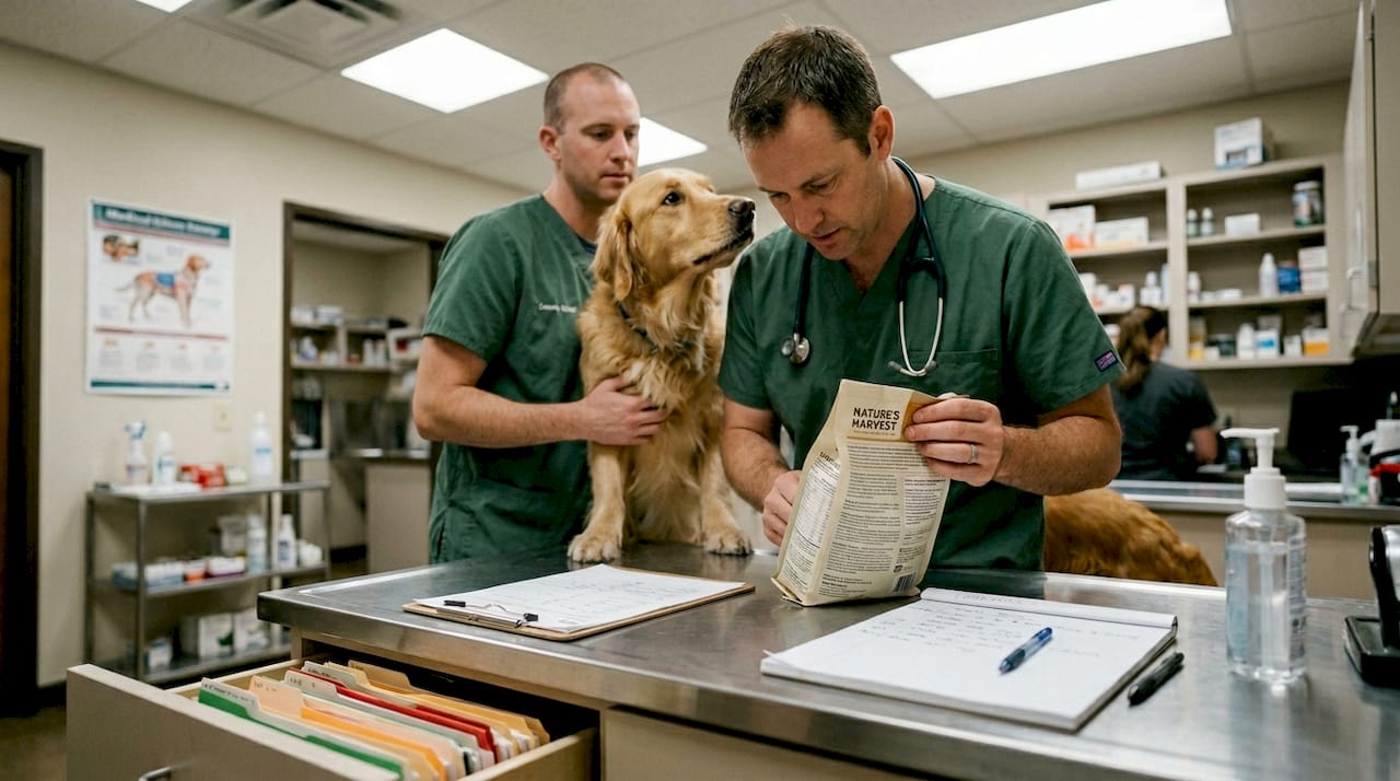Vet checking nutritional pet food label