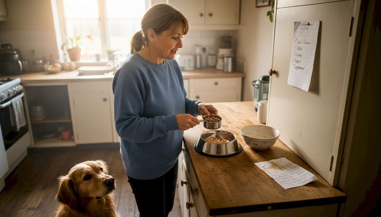 Owner preparing balanced dog meal in kitchen