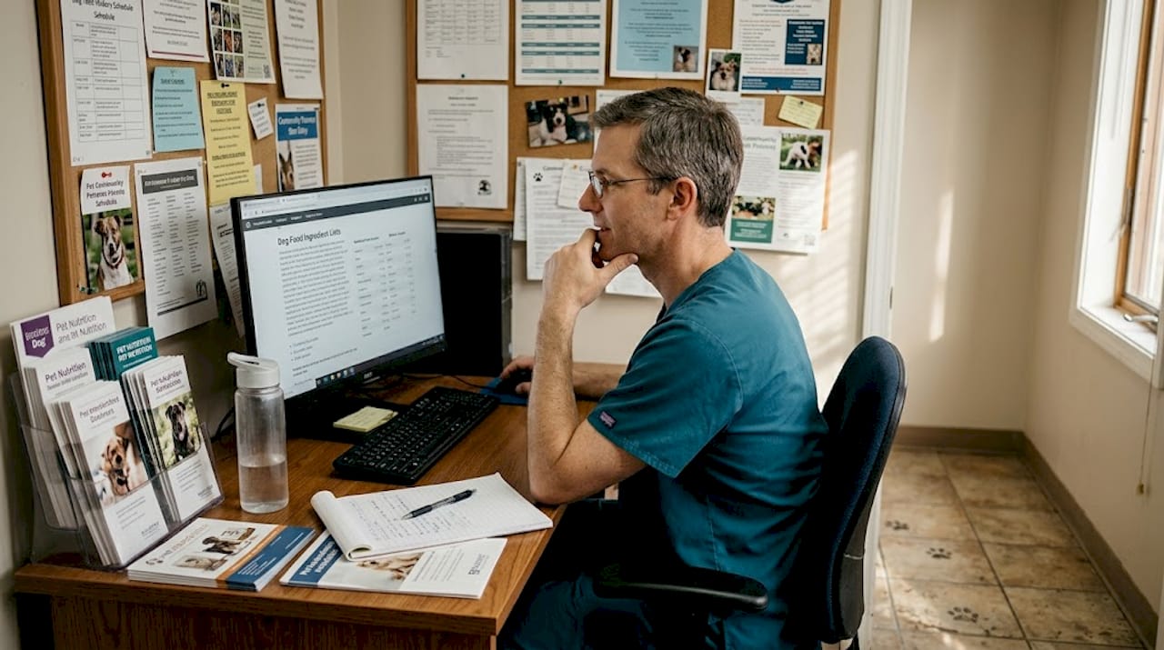 Veterinarian reviewing dog food ingredients at desk